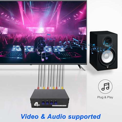 MEIRIYFA 4 Way AV RCA Switcher Splitter 4 in 1 Out 4 Port AV RCA Switch | 4-in-1 Composite Video L/R Audio Switcher Selector Box for DVD Player, Game Consoles TV Monitor Projector
