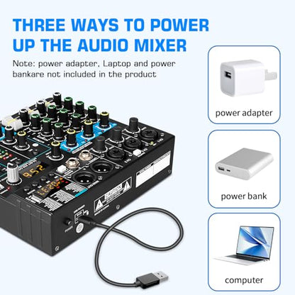 Depusheng Professional Audio Mixer Digital FX 256-Bit DSP USB Bluetooth MP3 Computer DJ Mixer 5 Channel input Interface with 48V Phantom Power for PC recording Live Streaming, Podcasting, Karaok