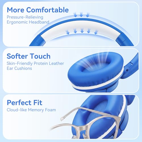 Wired Headphones with Microphone, Over Ear Lightweight Foldable 3.5mm Plug in Corded Headphones Wired with Volume Control, 4.9ft Tangle-Free Cord for Tablet Laptop MP3/4 School Travel Blue White | Wired Over Ear Foldable Corded Headphones for Teens Classr