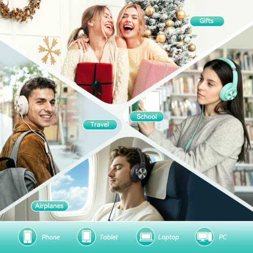 KVIDIO Wired Headphones with Mic, Volume & Playback Control, Over-Ear Foldable Headphones, USB-C Plug, 90° Swivel Ear Cups, 4.9ft Tangle-Free Cord for Tablet, Laptop, PC, School, Travel (Mint Green) | Foldable Plug in Headphones with Volume Control for Te
