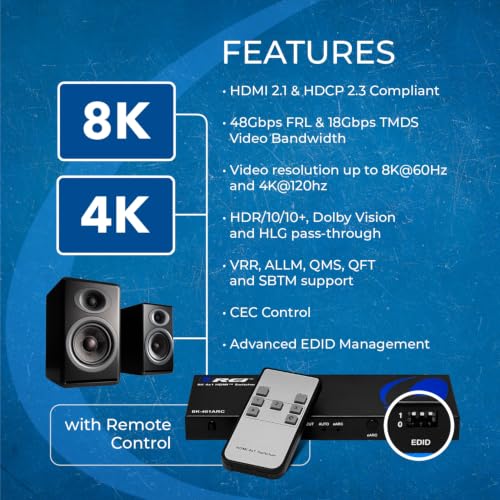 OREI 8K 4-Port HDMI Switch, 4-in 1-Out eARC, Audio Extractor, 8K@60Hz, HDR | hdmi switcher 4 in 1 out, hdmi switch with remote, eARC, HDCP 2.3, EDID, Optical & L/R Audio Out, PS5/Xbox