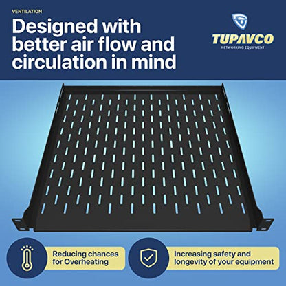 1U Server Rack Shelf - 4 Post Mount Tray (450mm Depth) - Tupavco TP1711 | 17.7" deep rackmount tray for 19in standard rack / network cabinet, vented for maximum airflow