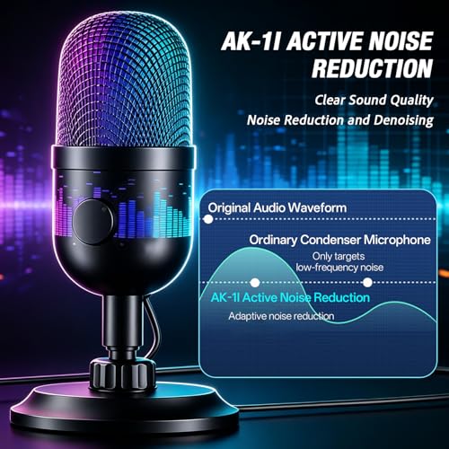 Gaming Microphone, USB Dynamic Gaming Mic for PC, Computer Gaming Streaming Mic with RGB Light, Mute Button, Gain Control, Desktop Podcast Mic for Recording Studio Twitch YouTube - RK102