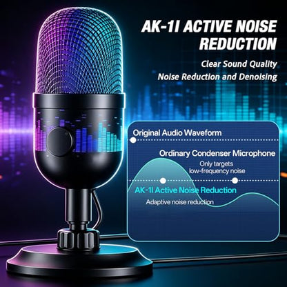 Gaming Microphone, USB Dynamic Gaming Mic for PC, Computer Gaming Streaming Mic with RGB Light, Mute Button, Gain Control, Desktop Podcast Mic for Recording Studio Twitch YouTube - RK102