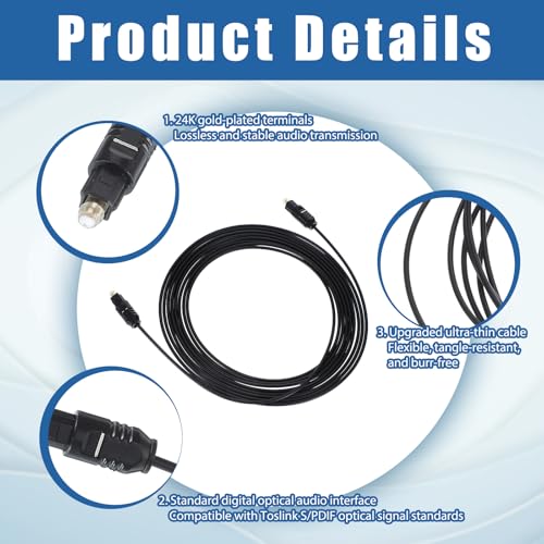 Optical Audio Cable 10 Feet, 10ft / 3meter Optical Cable for Soundbar Ultra Thin Cord Fiber Optic Cord Compatible with Sound Bar TV Home Theater