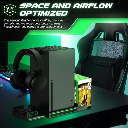 TNP Xbox Series X Charging Station and Vertical Stand with Dual Charger | 2 Rechargeable 300Mah Batteries, 10-Game Storage and Headset Hook Organize Your Console Setup While Charging 2 Controllers