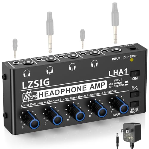 LZSIG Headphone Amplifier with Bass Boost, 4 Channel, 1 IN 4 OUT, DC 12V | Metal Stereo Audio Amplifier, Mini Earphone Splitter with Power Adapter, 1/4" & 1/8" TRS Headphones Output & TRS Audio Input - size: Small(4-channel)