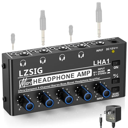 LZSIG Headphone Amplifier with Bass Boost, 4 Channel, 1 IN 4 OUT, DC 12V | Metal Stereo Audio Amplifier, Mini Earphone Splitter with Power Adapter, 1/4" & 1/8" TRS Headphones Output & TRS Audio Input - size: Small(4-channel)