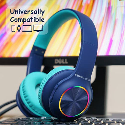 PowerLocus PLED Kids Bluetooth Headphones, Kids Wireless Headphones with LED Lights, 74/85/94dB Safe Volume, Micro SD, AUX Cable, Hi-Fi Stereo, Built-in Mic Over Ear Kid Headphone for Travel/Tablet/PC - color: Blue