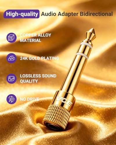 VCE 3.5mm to 1/4 Adapter Stereo Headphone Adapter, 24K Gold-Plated, 2-Pack, White and Red - color: White and Red