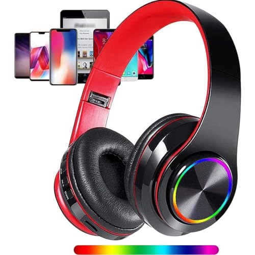 Wireless Bluetooth Headphones with Colorful LED Lights, Black Red | HiFi Stereo Sound,Light Weight,Foldable,Colorful Backlit,Rechageable,Over Ear Headset for PC/Travel/Class/Office/Kids/Adult - color: Black