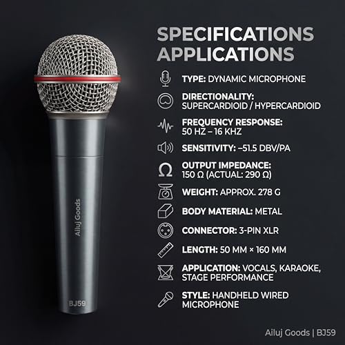 BJ59 Dynamic Vocal Microphone – Professional XLR Supercardioid Mic for Singing, Karaoke, Live Performance & Studio Recording, Full Metal Handheld Microphone with High Gain Before Feedback