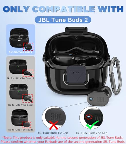 WADVCU[Upgrade Secure Lock] for JBL Tune Buds 2 Case Cover with Cleaner kit, Protective TPU Transparent Hard Shell ONLY Compatible with JBL Tune Buds 2nd Gen Earbuds Charging Case with Keychain(Black) - color: Black