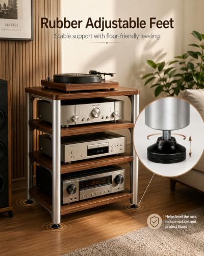 4-Tier HiFi Audio Rack, Adjustable AV Stand for Stereo Equipment | 110 lbs Per Shelf Open Cooling Design Metal Support Columns Rubber Feet Fits Amplifier, Receiver, Turntable & CD Player - size: 4-tier