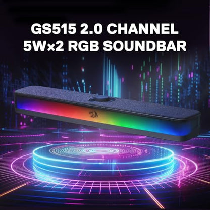 Redragon GS515 RGB Desktop Soundbar, 2.0 Stereo Enhanced Sound, BT 5.3 | 6 Dynamic Lighting Effects, Wireless & Wired Connectivity, Compact Design,Plug & Play USB Powered PC Gaming Speaker - color: Black