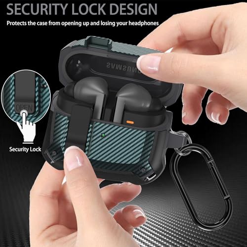 Compatible Samsung Galaxy Buds 3 Pro Case/Bud 3 Cover Clip with Cleaner Kit, Military Shell Protective Armor Case Cover with Lock & Carabiner for Galaxy Buds 3/3 Pro 2024 Men Women Black Green - color: Black-Green