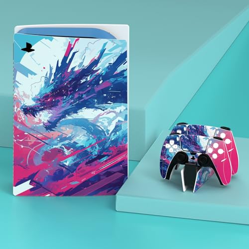 PlayVital Full Set Skin Decal for ps5 Console Disc Edition, Sticker Vinyl Decal Cover for ps5 Controller & Charging Station & Headset & Media Remote - Neon Dragoon - color: Neon Dragoon