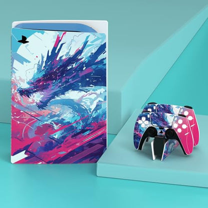 PlayVital Full Set Skin Decal for ps5 Console Disc Edition, Sticker Vinyl Decal Cover for ps5 Controller & Charging Station & Headset & Media Remote - Neon Dragoon - color: Neon Dragoon