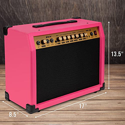 LyxPro 40 Watt Electric Guitar Amplifier | Combo Solid State Studio Amp with 8” 4-Ohm Speaker, Custom EQ Controls, Drive, Delay, ¼” Passive/Active/Microphone Inputs, Aux In & Headphone Jack - Pink - color: Pink, size: 40 Watt