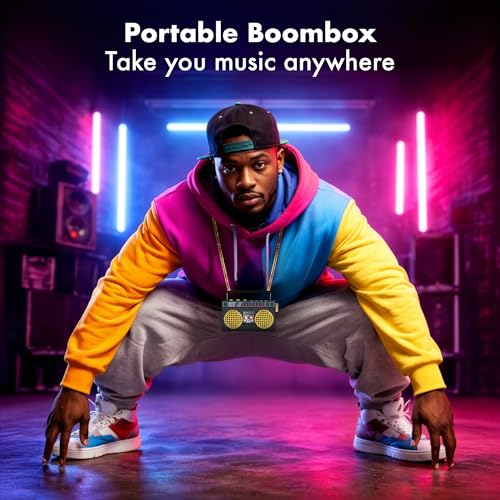 Portable Bluetooth Speakers, Retro Speakers Bluetooth Wireless Wearable | Mini Bluetooth Boombox with 27” Neck Chain, FM Radio, On-Board Buttons, Dual 3W Peak Power Bluetooth Speaker for Anywhere - color: Black/ Gold