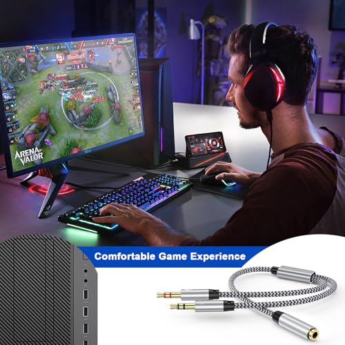 Headphone Splitter Cable for Computer,Braided 3.5mm Mic Cable Female to 2 Dual Male Headset Microphone Y Splitter Cable Mic Audio Stereo Jack Adapter to PC Laptop/Gaming Speaker - color: White