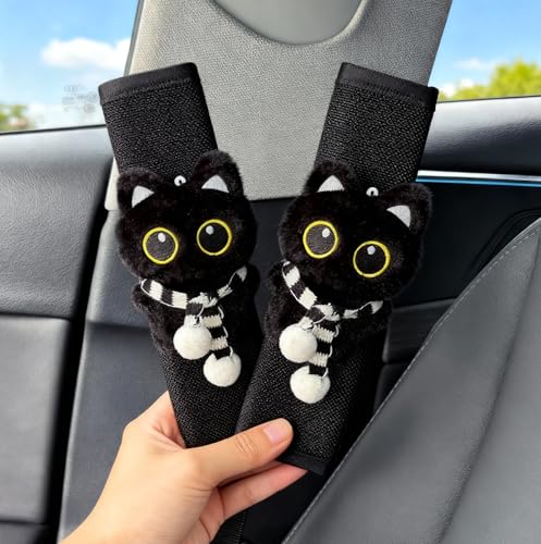 2 PCS Seat Belt Cover Pad, Cute Kawaii Animal Cat Soft Seatbelt Covers for Women, Seatbelt Cushion, Black Car Seat Strap Pads for Summer Spring (Black) - color: Black