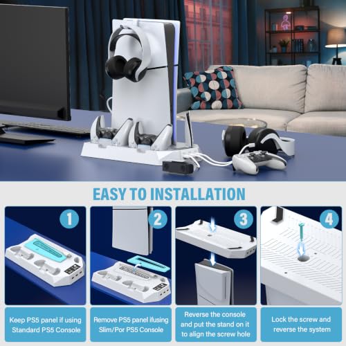 PS5 Slim Stand and Cooling Station with Controller Charging Station for Playsation 5 Slim&Standard Disc/Digital Console, PS5 Accessories Incl. Controller Charger/Turbo Fan/3 USB Hub/Headset Holder - color: WORK WITH PS5 Slim and PS5