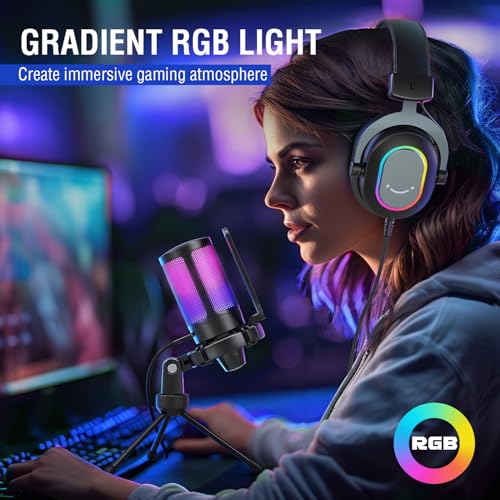 FIFINE Gaming USB Microphone with Headset Bundle for PS5, PC Condenser Mic with Quick Mute, RGB, Gain Control for Streaming, Wired Headphones with Microphone Set with EQ Mode, Soft Ear Pads (A6V+H6)