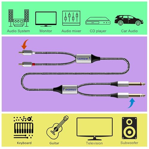 6.56FT Dual 1/4 inch TS to Dual RCA, RCA to 1/4, 6.35mm TS to R-CA, 1/4 to R-CA Cable for Audio Player TV Audio Mixer Power Amplifier Speaker Home Theater Aluminum Alloy and Nylon Braided Cover - size: TS+RCA (6.56 ft/2 m)