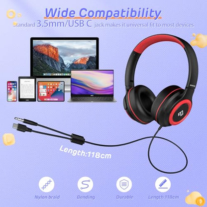 Kids Headphones Wired with Volume Limiter, Over Ear Safe Sound Headset with HD Mic, 85/94dB Volume Limiter, 3.5mm & USB C Headphones for School, Travel, iPad, Laptop, Back to School Supplies - color: Red