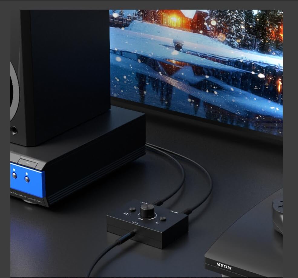 3.5mm Audio Switcher - 2 Input 1 Output / 1 Input 2 Output Audio Splitter, One-Key Mute Button, No External Power Required