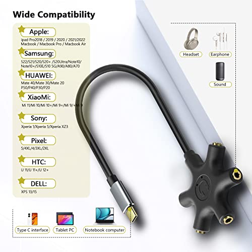 USB C to 3.5mm Audio Jack Aadpter Type-C to 3.5mm Multi Headphone Adaptador 5 Way 5-in-1 Aux TRS Audio Sharing Splitter Cable Compatible for Samsung Galaxy S22/S21/S20, MacBook Air/Pro