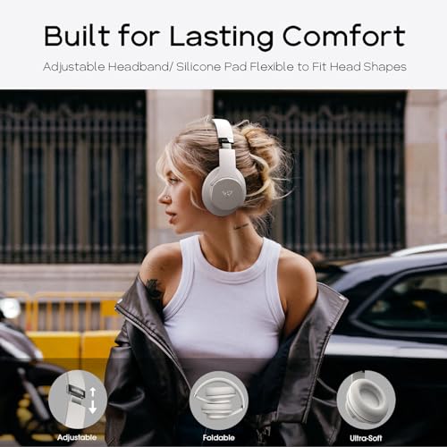 DOQAUS Bluetooth Headphones Over the Ear Wireless with 90H Playtime & 3 EQ Modes, HiFi Deep Bass, Premium Memory Foam & Mic for Travel, Home and Commuting - color: Ice Grey-Matte Textures