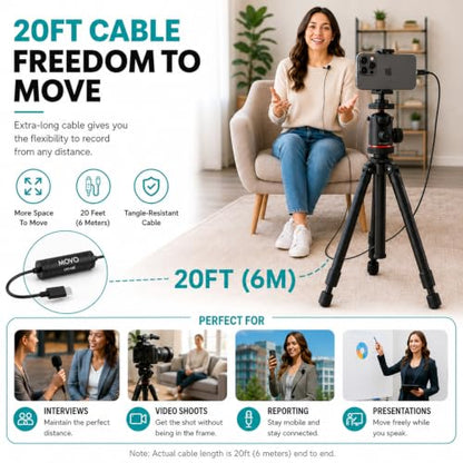 Movo LV1-UC USB-C Lavalier Microphone for iPhone 15, 16 & 17 – Clip-On | No Dongle Needed On USB-C iPhone. 16/24-Bit Digital Sound, Omnidirectional Clip-On, 20-Ft Cable, Windscreen & Case Included.