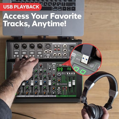 Pyle 8 Channel Audio Mixer - 4 XLR Combo Mic Inputs, Bluetooth Studio Mixer/DJ Controller with DSP Digital Effects, USB-A In with MP3 Player, PC Recording, LED Level Meter, Smooth Dials and Faders - style: 8 Channel
