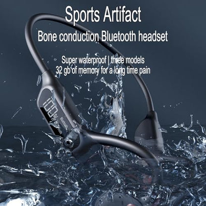Swimming Headphones Bone Conduction Open Ear Headset MP3 Player Built-in 32G Memory IP68 Underwater Waterproof Stereo Bluetooth Earphone LED Screen for Driving Bicycling Running Skiing-X10 Black - color: Swim headset X10 Black