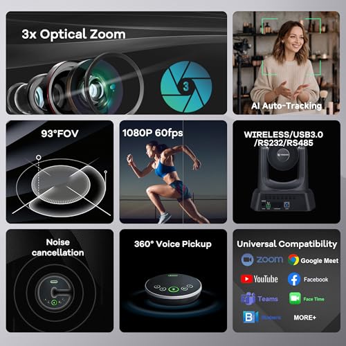 TONGVEO AI Wireless PTZ Camera System with Auto Tracking Built-in Receiver & Bluetooth Speakerphone, 5.8GHz 1080P 60fps Conference Camera with 3X Optical Zoom, for Church Zoom, OBS Meetings - color: black