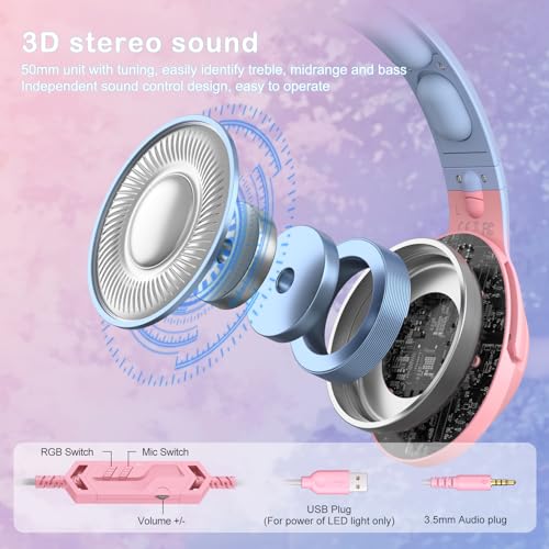 PHNIXGAM Wired Gaming Headset - Removable Cat Ears, RGB/Retractable Mic | 3.5mm surround sound gaming headphone. Compatible with PC, PS4, PS5, mobile. Gradient pink-blue design. - color: Gradient Pink Blue 3.5mm