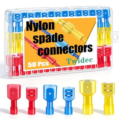 Twidec/50PCS Nylon Spade Connectors Kit 22-10 Gauge Male and Female Wire Spade Terminal Quick Disconnect Fully Insulated Wire Crimp Connector for Automotive Marine - color: Multicoloured Nylon 50PCS