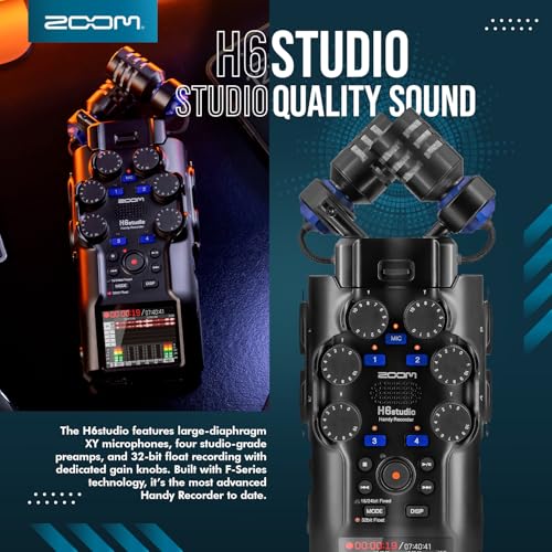 Zoom H6studio Handy Recorder, H6 Studio (H6S) 32-Bit Float Recording, F-Series Preamps, Gain Knobs, Large Mics, USB Audio Interface w/Headphone, MicroSD, Tripod for Podcast Filmmaker Musician