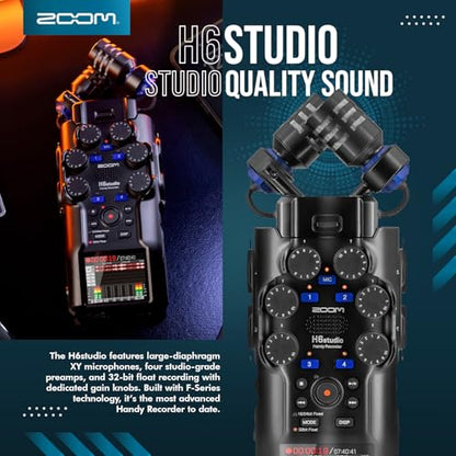 Zoom H6studio Handy Recorder, H6 Studio (H6S) 32-Bit Float Recording, F-Series Preamps, Gain Knobs, Large Mics, USB Audio Interface w/Headphone, MicroSD, Tripod for Podcast Filmmaker Musician
