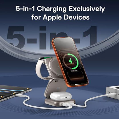 5-in-1 Wireless Charger for MagSafe, AC ISLAND Portable Travel Charging Station, 35W Max Qi2 Fast Foldable Magnetic Stand, Evolved for iPhone 17-12 Series, Apple Watch, AirPods (with 35W Adapter) - color: Titanium