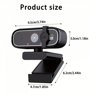 FHD 4K Webcam with AutoFocus, USB Desktop Camera, Black Webcam, Built-in Microphone for Video Conferencing, Online Meetings, Universal Tripod-Ready Clip fits laptops and LCD Monitors.