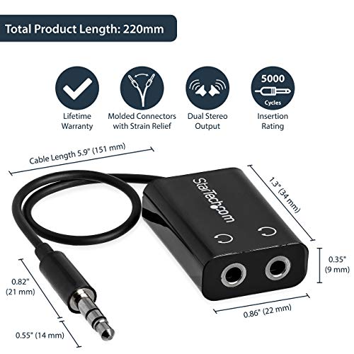 StarTech.com Black Slim Mini Jack Headphone Splitter Cable Adapter - 3.5mm Audio Mini Stereo Y Splitter - 3.5mm Male to 2x 3.5mm Female (MUY1MFFADP) - size: Adapter, style: Black