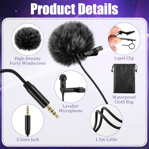 Tellegloww 4 Pack Lavalier Lapel Microphone with Furry Windscreen, 3.5mm Compatible with DJI Mic/rode Wired for Smartphone Interview, Video, Broadcasters, Portable Storage Pouch Included, Black