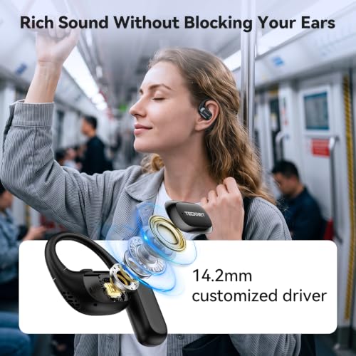 TECKNET Open Ear Headphones, Bluetooth Headphones 6.0 Sports with Smart Digital Display, 40H Playtime, IPX5 Waterproof, Wireless Earbuds Lightweight Design for Travel/Cycling/Running (Black) - color: Black