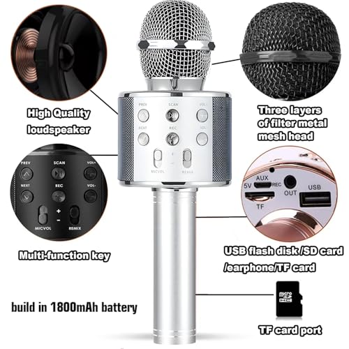 Wireless Bluetooth Karaoke Microphone Portable Handheld Mic Speaker 3-in-1 for All Smartphones Gifts Silver