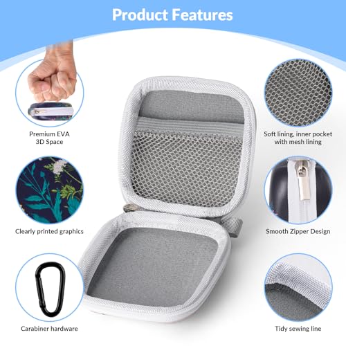 Unique Patterned Portable EVA Earbud Case with Carabiner - color: Black Flowers