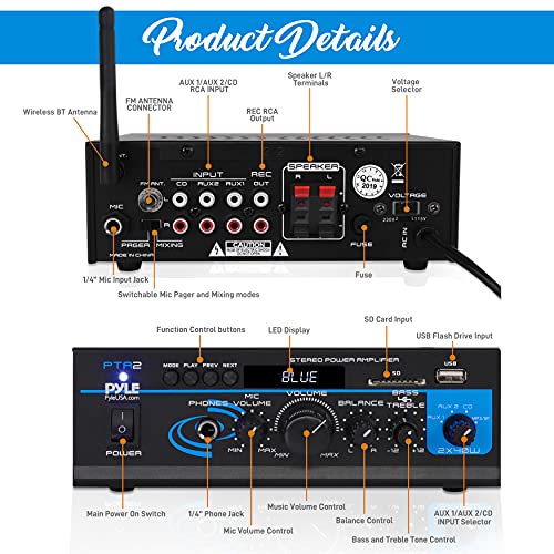 Pyle Home Audio Power Amplifier System - 2X40W Bluetooth Mini Dual Channel Mixer Sound Stereo Receiver Box w/ AUX, Mic Input - For Amplified Speakers, PA, CD Player, Theater via RCA, Studio Use - PTA2