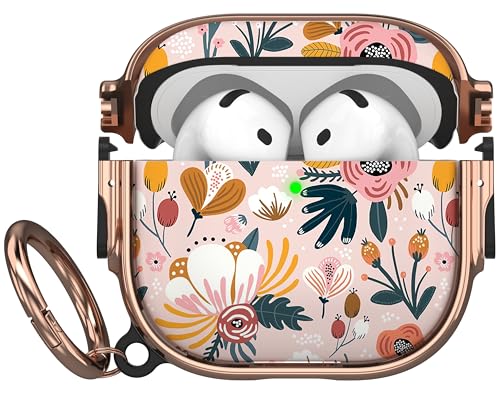 for AirPods 4 Case with Safety Lock, Magsafe Compatible, Pink Flower | Double Secure Lock,Drop Protection,Two-Piece Design,with Gold Keychain, Anti Lost, Dustproof, Cute AirPod 4 Case - color: Brown + Pink, size: AirPods 4 Case